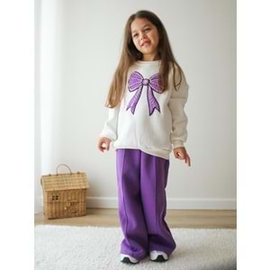 Kız Çocuk Mor Renk Fiyonk İnci Detaylı Sweatshirt Eşofman 2 Parça Takım