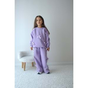 Kız Çocuk Fiyonk Aplike Detay Lila Renk Alt Üst Takım