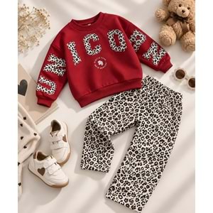 Kız Çocuk Bordo - Leopar Baskı Desen 3 İplik Alt Üst Takım - BORDO - 2-3 YAŞ - ST00656-13603