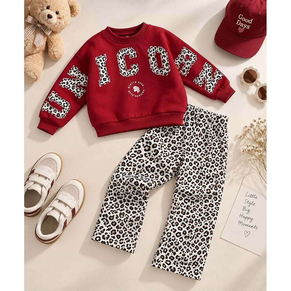 Kız Çocuk Bordo - Leopar Baskı Desen 3 İplik Alt Üst Takım - BORDO - 2-3 YAŞ - ST00656-13603