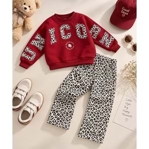 Kız Çocuk Bordo - Leopar Baskı Desen 3 İplik Alt Üst Takım - BORDO - 2-3 YAŞ - ST00656-13603