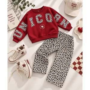 Kız Çocuk Bordo - Leopar Baskı Desen 3 İplik Alt Üst Takım - BORDO - 2-3 YAŞ - ST00656-13603