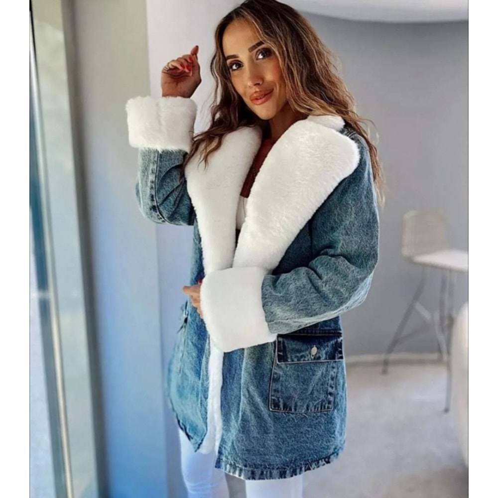 Kadın Kış Sezon Kürklü Kot Mont - Kaban Yaka ve Kol Beyaz Kürk Detaylı Yüksek Kalite