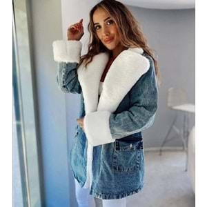 Kadın Kış Sezon Kürklü Kot Mont - Kaban Yaka ve Kol Beyaz Kürk Detaylı Yüksek Kalite