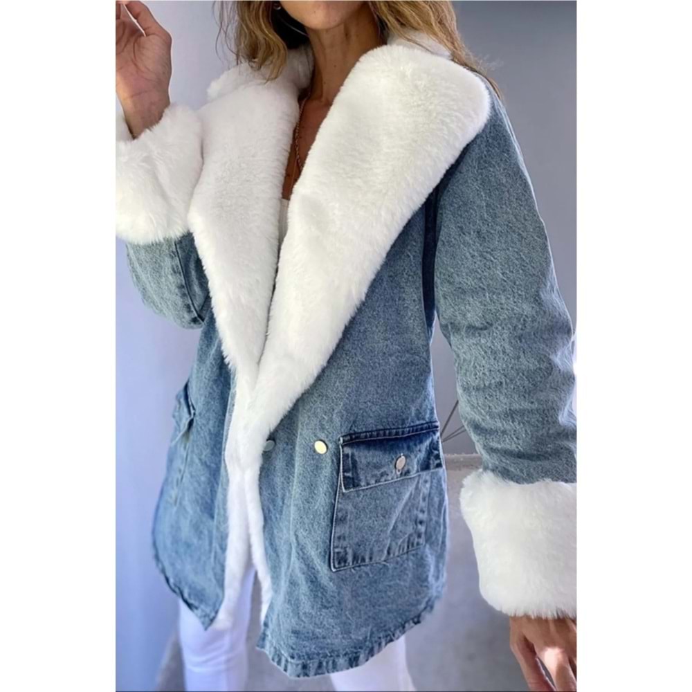 Kadın Kış Sezon Kürklü Kot Mont - Kaban Yaka ve Kol Beyaz Kürk Detaylı Yüksek Kalite