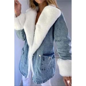 Kadın Kış Sezon Kürklü Kot Mont - Kaban Yaka ve Kol Beyaz Kürk Detaylı Yüksek Kalite