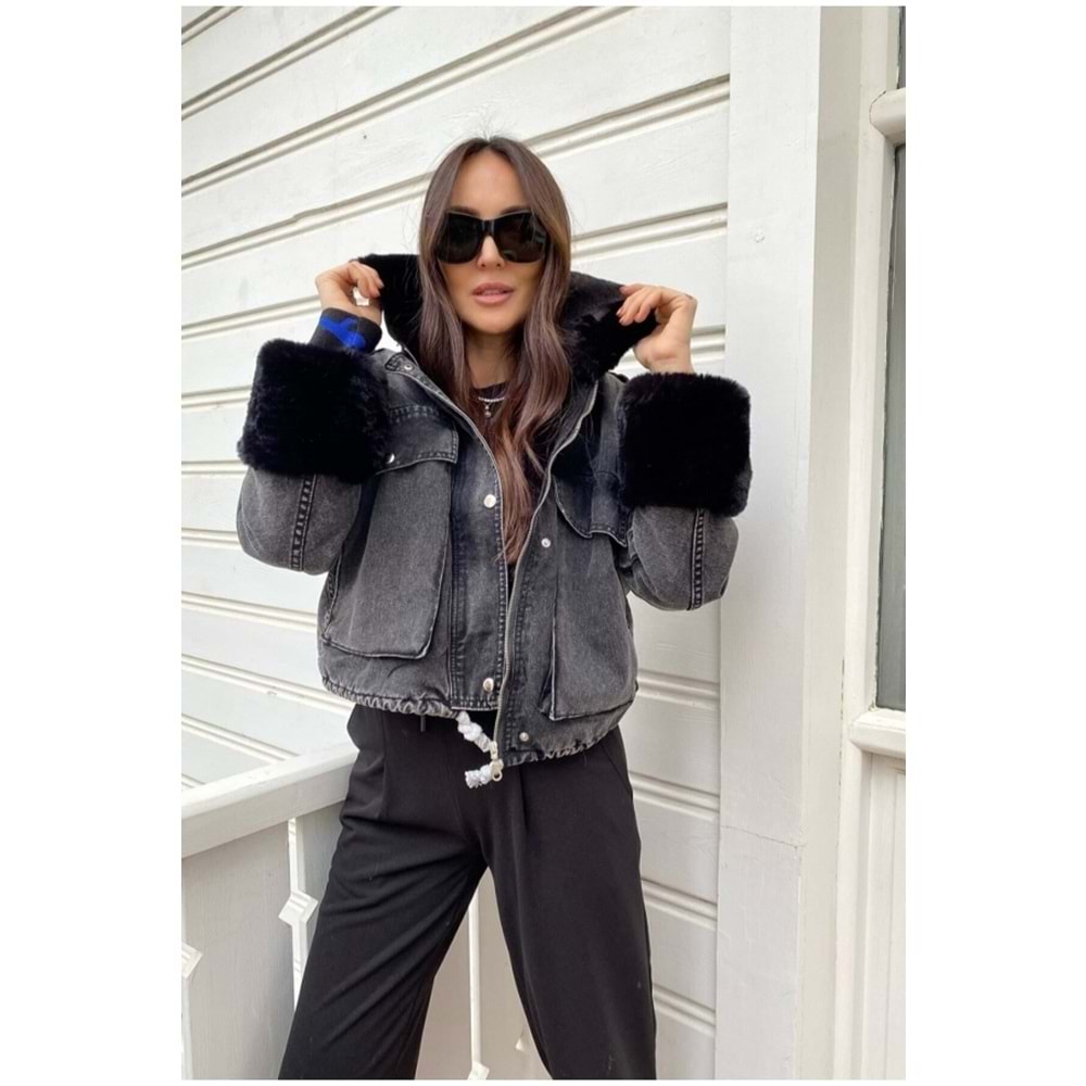 Kadın Denim Jean Kürk Yaka Ve Kol Detaylı Peluş Mont Siyah Kürklü