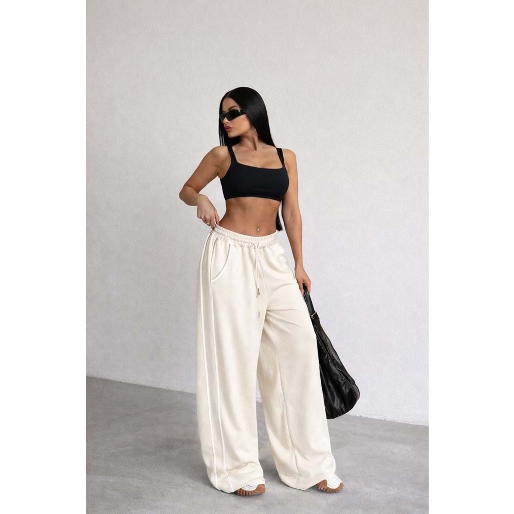 Ekru Renk Beyaz Şerit Biyeli Palazzo Oversize Pantolon - EKRU - L - ST00660-13618