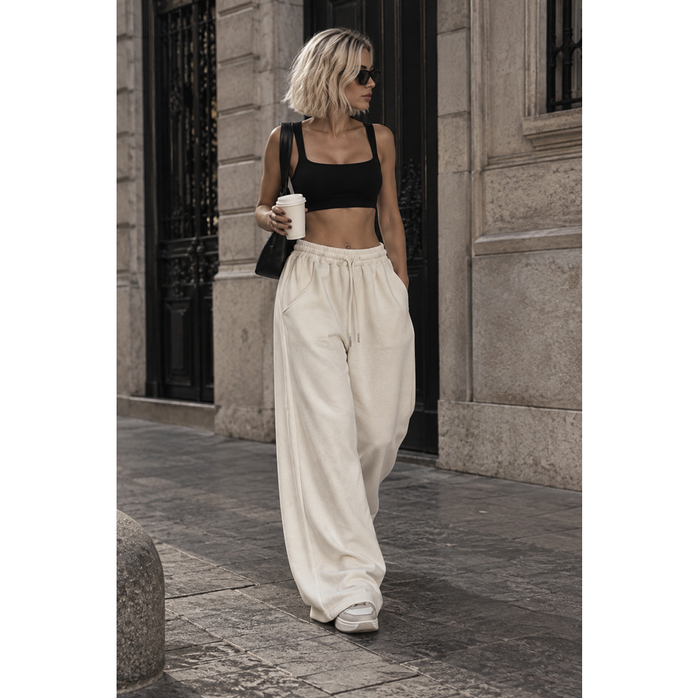 Ekru Renk Beyaz Şerit Biyeli Palazzo Oversize Pantolon - EKRU - L - ST00660-13618