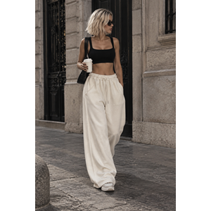 Ekru Renk Beyaz Şerit Biyeli Palazzo Oversize Pantolon - EKRU - L - ST00660-13618
