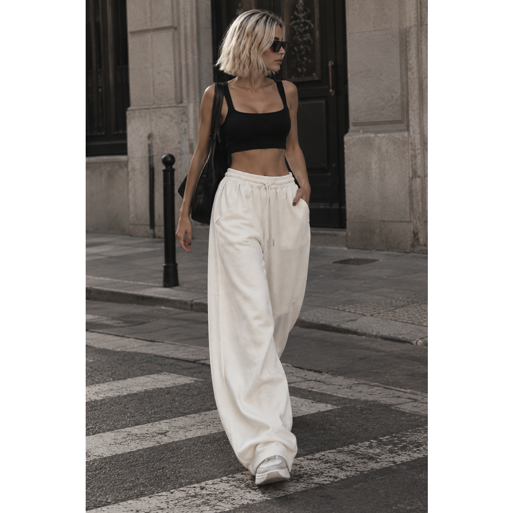 Ekru Renk Beyaz Şerit Biyeli Palazzo Oversize Pantolon - EKRU - L - ST00660-13618