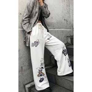 Sevimli Hayvanlar Baskılı Ekru Renk Eşofman Alt - BEYAZ - L - ST00670-BEYAZ-L