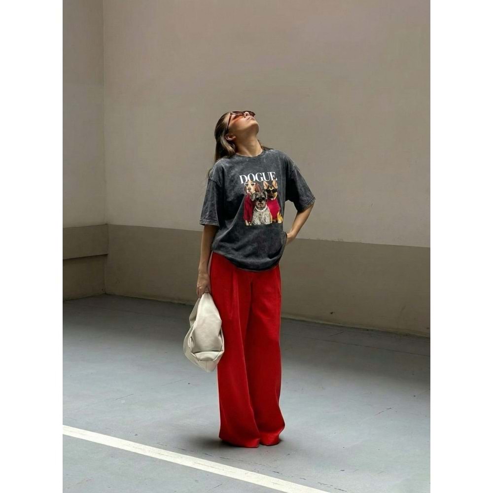 Yıkamalı Antrasit Renk Dogue! Baskılı T-Shirt Standart Beden