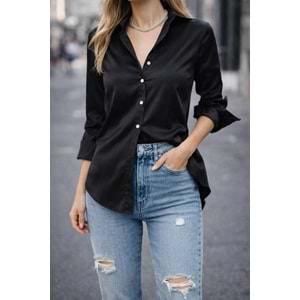 Kadın Giyim Siyah Renk Saten Gömlek - L