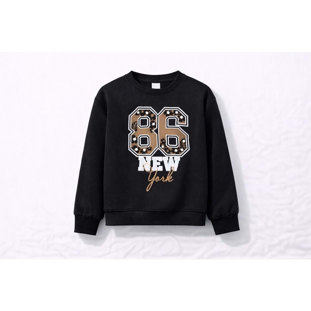 Kız Çocuk Şardonlu Kabartma Baskı Detaylı Sweatshirt - Siyah Renk - SİYAH - 10 YAŞ