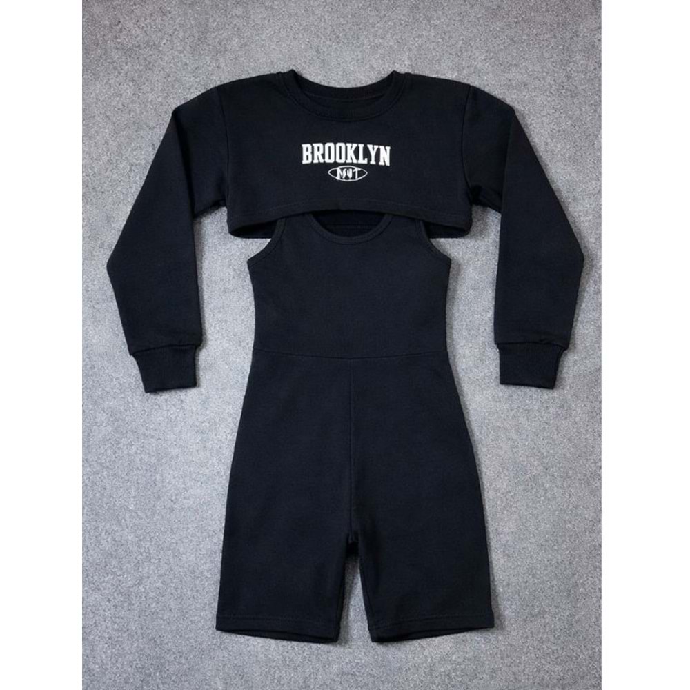 Kız Çocuk Brookln Baskılı Crop Sweatshirt Penye Tulum Spor Takım - SİYAH - 10-11 YAŞ