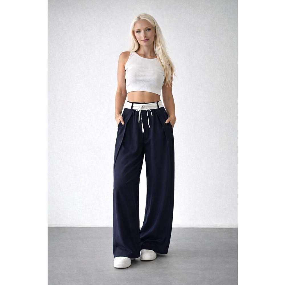 Bel Detaylı Tasarım Palazzo Pantolon - LACİVERT - L