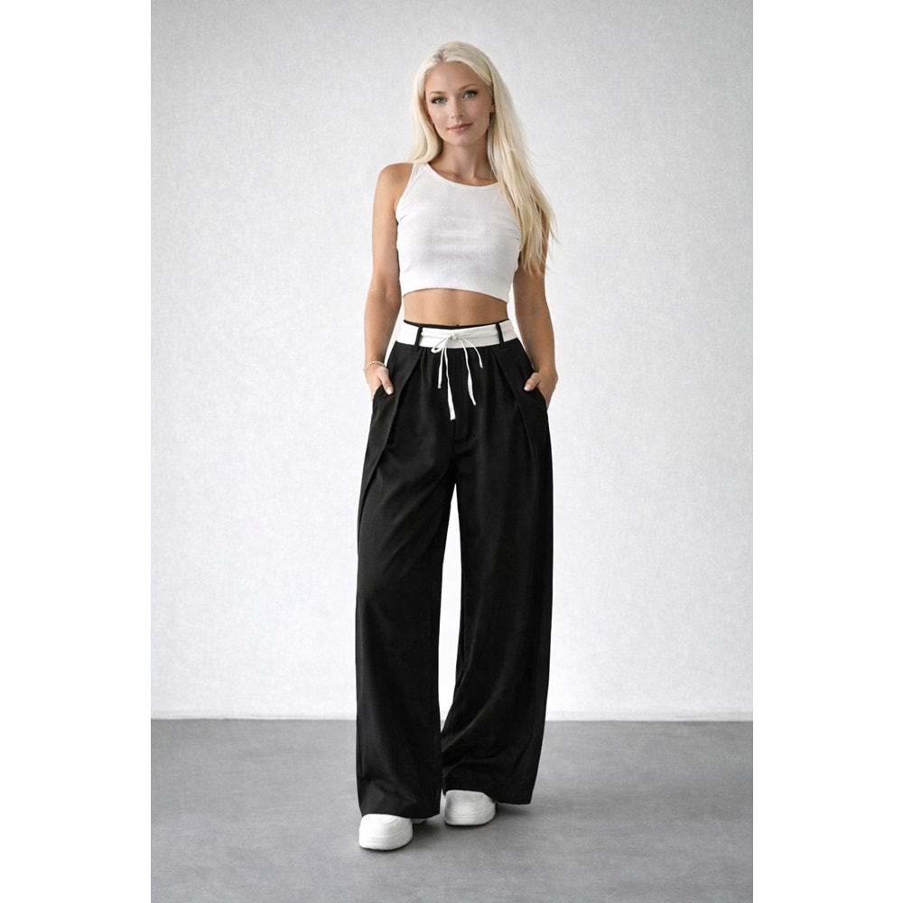 Bel Detaylı Tasarım Palazzo Pantolon - SİYAH - M