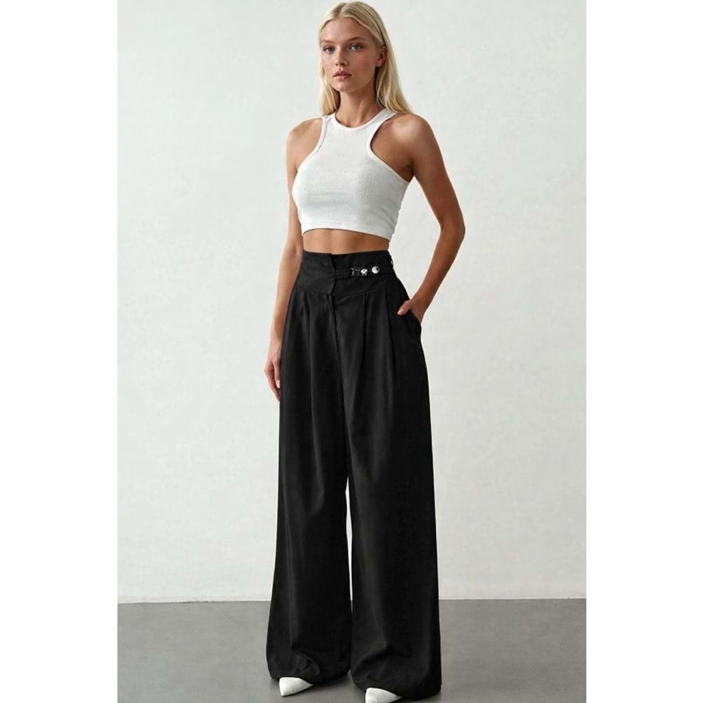 Bol Paça siyah Renk Yüksek Bel Palazzo Pantolon Toka Detaylı - SİYAH - M