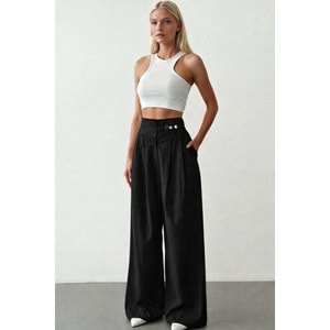Bol Paça siyah Renk Yüksek Bel Palazzo Pantolon Toka Detaylı - SİYAH - M