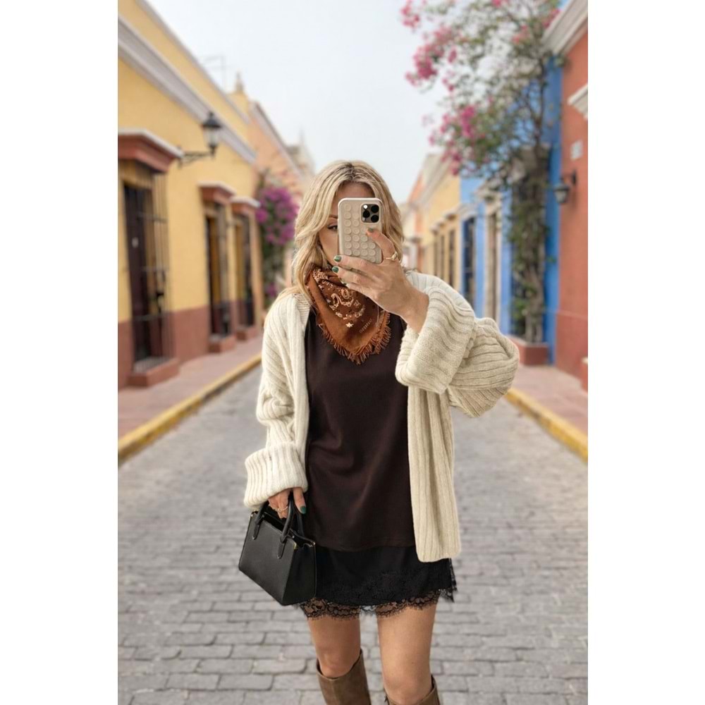 Dantel Saten Detaylı Oversize T-Shirt / Tunik Acı Kahve Renk - KAHVERENGİ - S