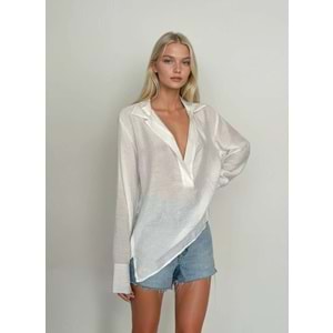 Yeni Sezon Ekru REnk Yaka ve Kol Manşet Detay Transparan Gömlek - EKRU - L