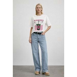 Yeni Sezon Beyaz Renk Matcha Çay Baskı Detaylı Tasarım T-Shirt Kahve Renk - EKRU - L