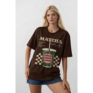 Yeni Sezon Kahve Renk Matcha Çay Baskı Detaylı Tasarım T-Shirt - KAHVERENGİ - L