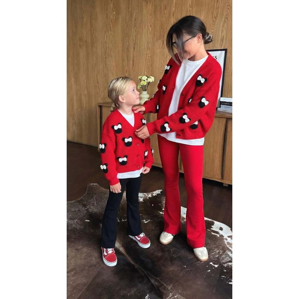 Kız Çocuk Kırmızı Aplikeli Hırka Tayt Takım - Anne Hırka Seçenekli - STANDART