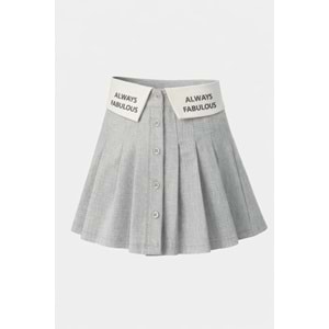 Kız Çocuk Bel Katlama Slogan Detaylı Düğmeli Gri Renk Etek - 3-4 YAŞ