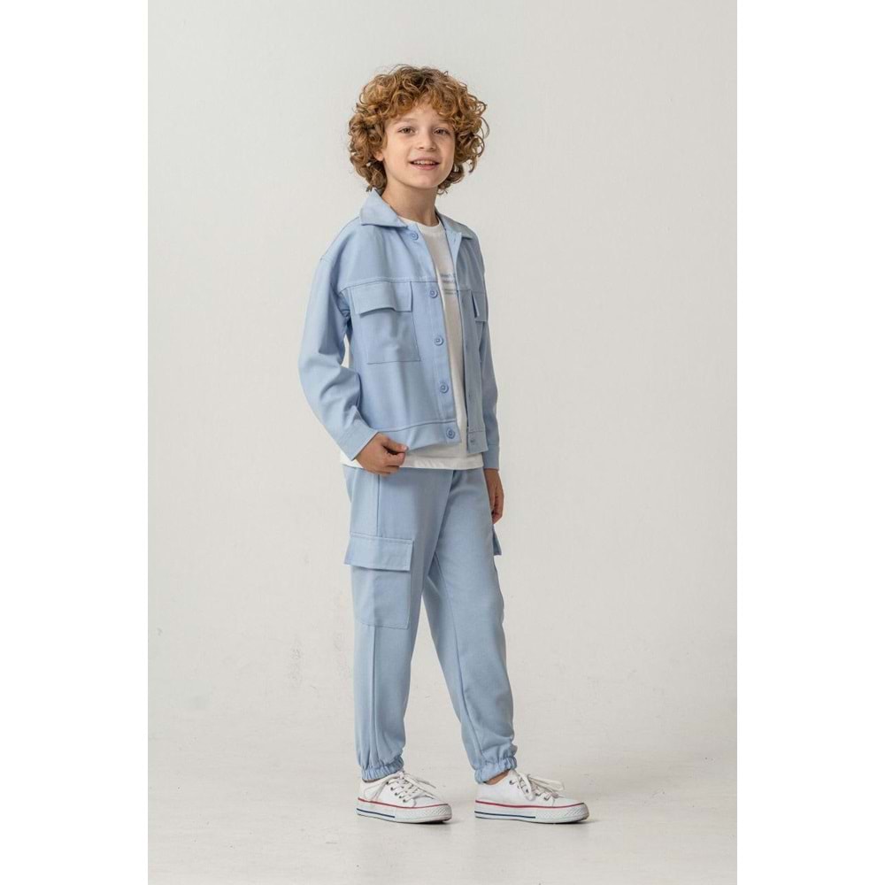 Erkek Çocuk Mavi Renk Kargo Cepli Dokuma 3 Parçalı Pantolon Ceket Takım - 3-4 YAŞ