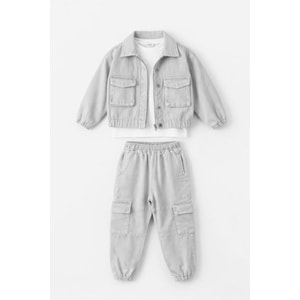 Erkek Çocuk Körük Cepli Kot Denim Alt Üst Takım 3 Parçalı Set - 3-4 YAŞ