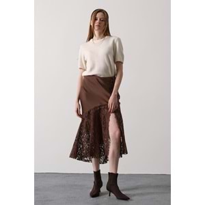 Yeni Sezon Dantelli Saten Etek Kahve - Bel Fermuar Kapamalı - L