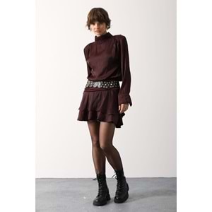 Gold Zımba Tasarım Kemerli Mini Saten Etek - M