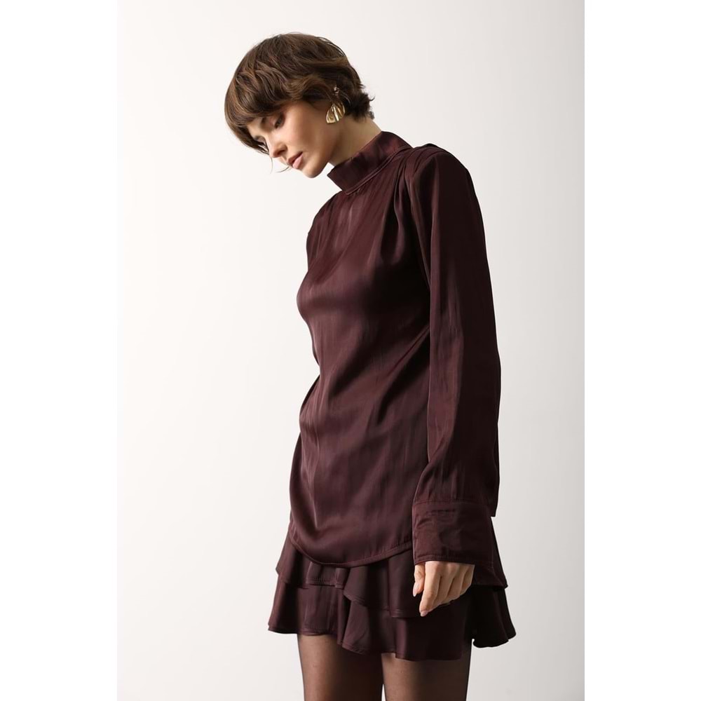 Yeni Sezon Pile Detaylı Saten Bluz - Gömlek Damla Kapamalı - Tasarım - S