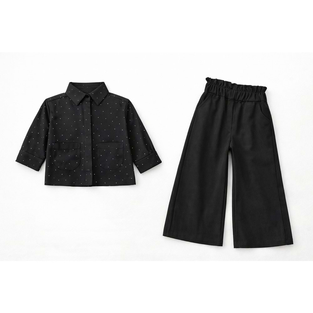 Kız Çocuk Siyah Renk Taşlı Gömlek Ispanyol Paça Pantolon Takım - 3-4 YAŞ