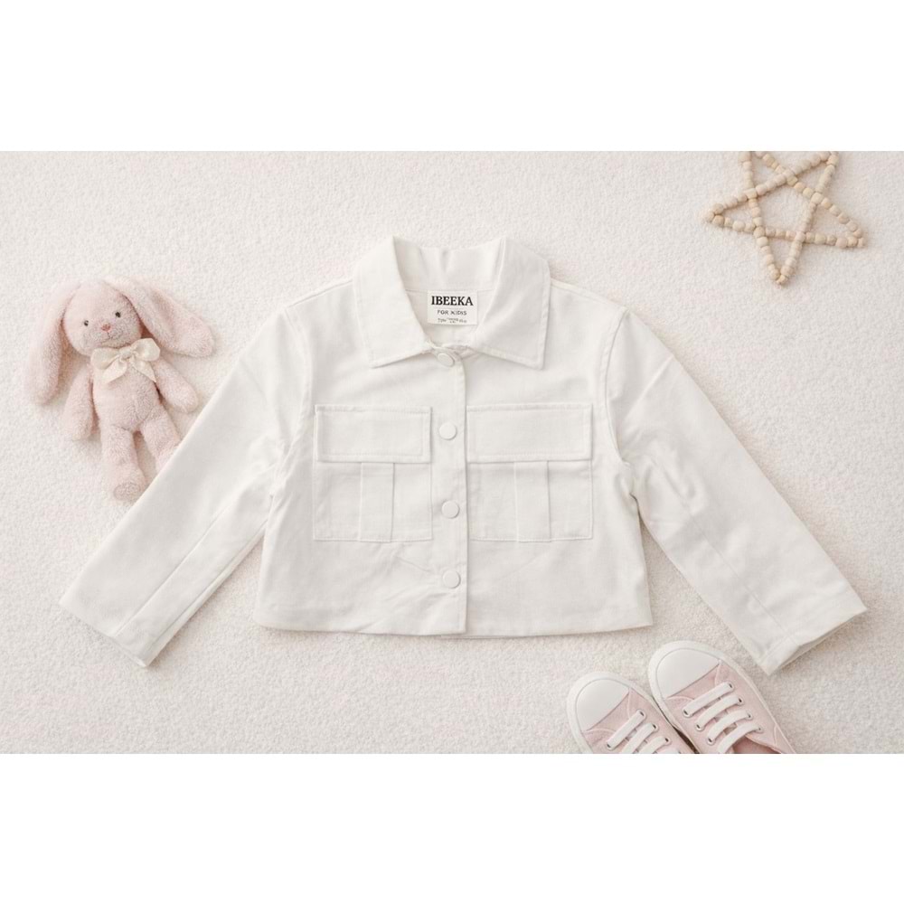 Ekru Renk Cep Detaylı Çıtçıt Kapamalı Crop Ceket Saten Astarlı - 3-4 YAŞ