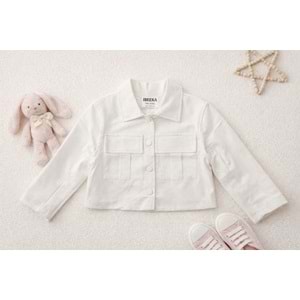 Ekru Renk Cep Detaylı Çıtçıt Kapamalı Crop Ceket Saten Astarlı - 3-4 YAŞ