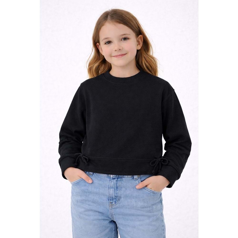 Yeni Sezon Kız Çocuk Bel Bağcık Detaylı Crop Sweatshirt Siyah Renk - 10 YAŞ