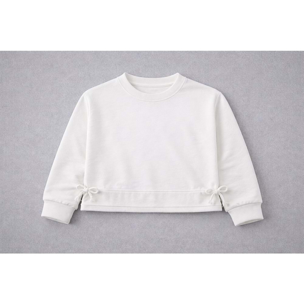 Yeni Sezon Kız Çocuk Bel Bağcık Detaylı Crop Sweatshirt Ekru Renk - 10 YAŞ