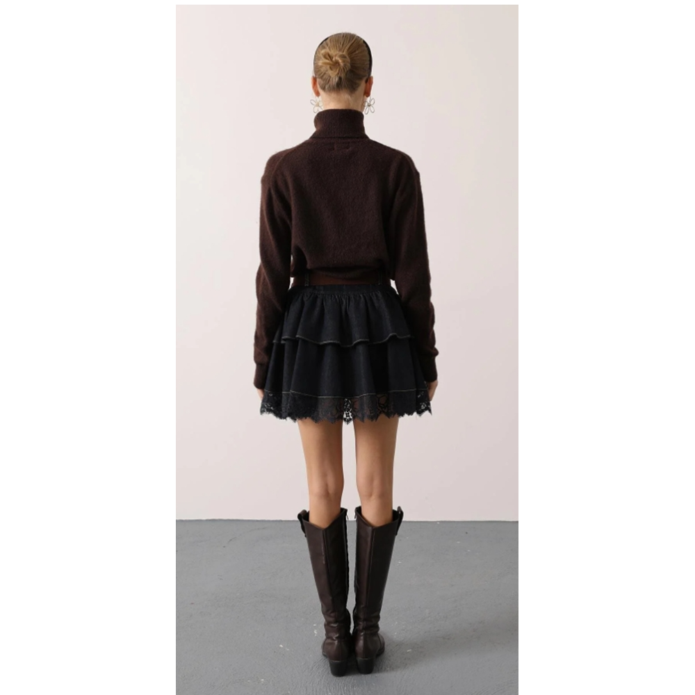 Kadın Giyim Yeni Sezon Dantel Detaylı Kemerli Mini Etek - - L