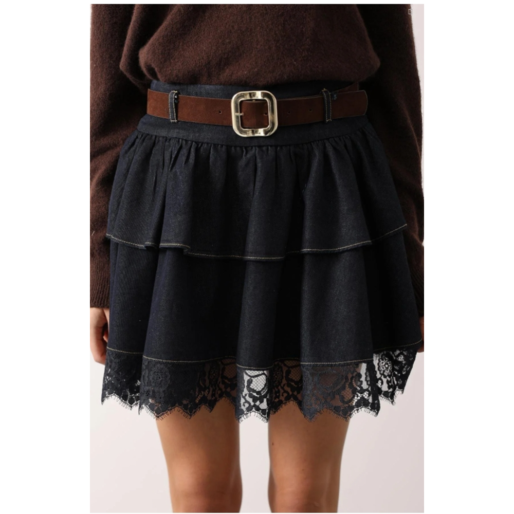 Kadın Giyim Yeni Sezon Dantel Detaylı Kemerli Mini Etek - - L