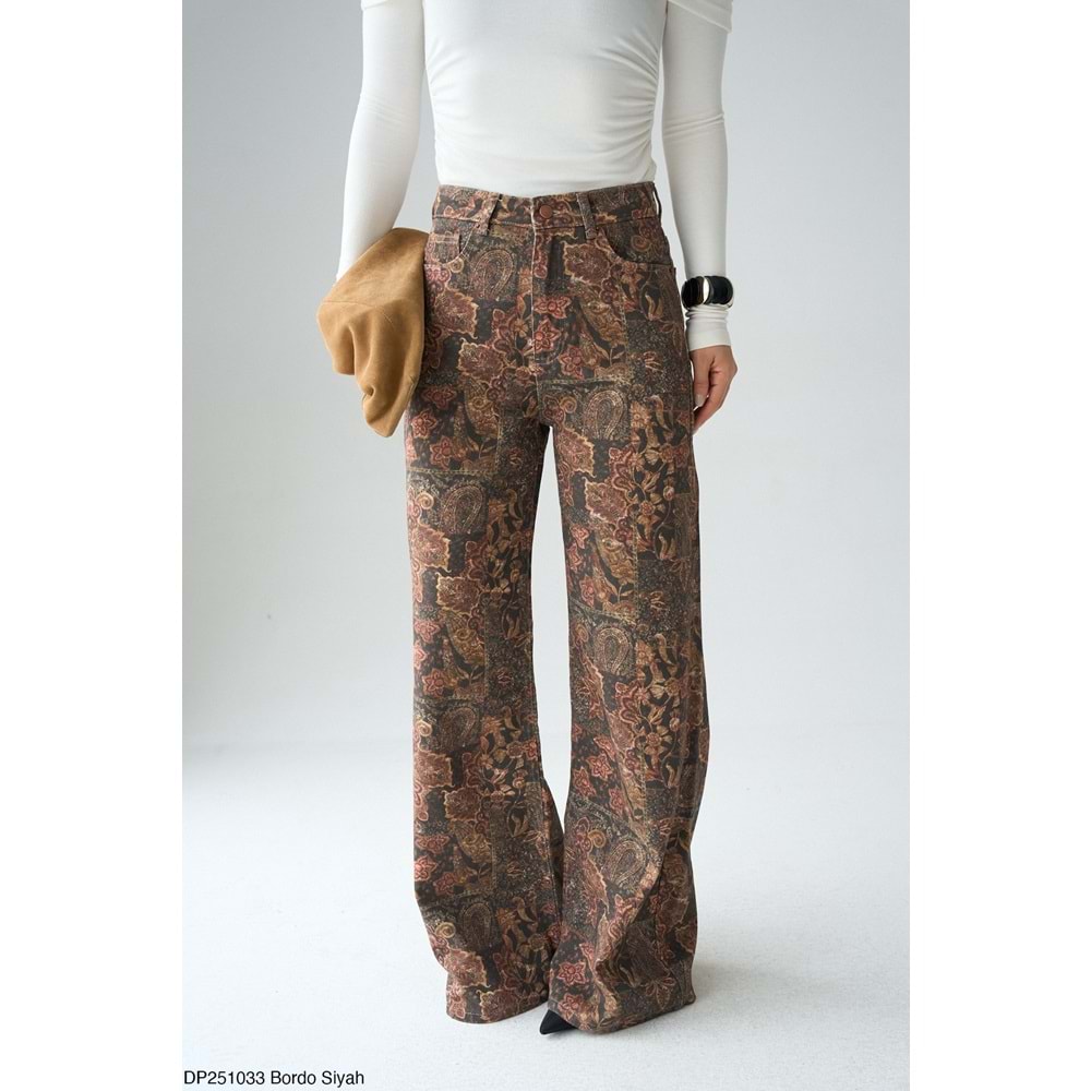 Yeni Sezon Etnik Şal Desenli Pamuklu Kot Pantolon - DESENLİ - L