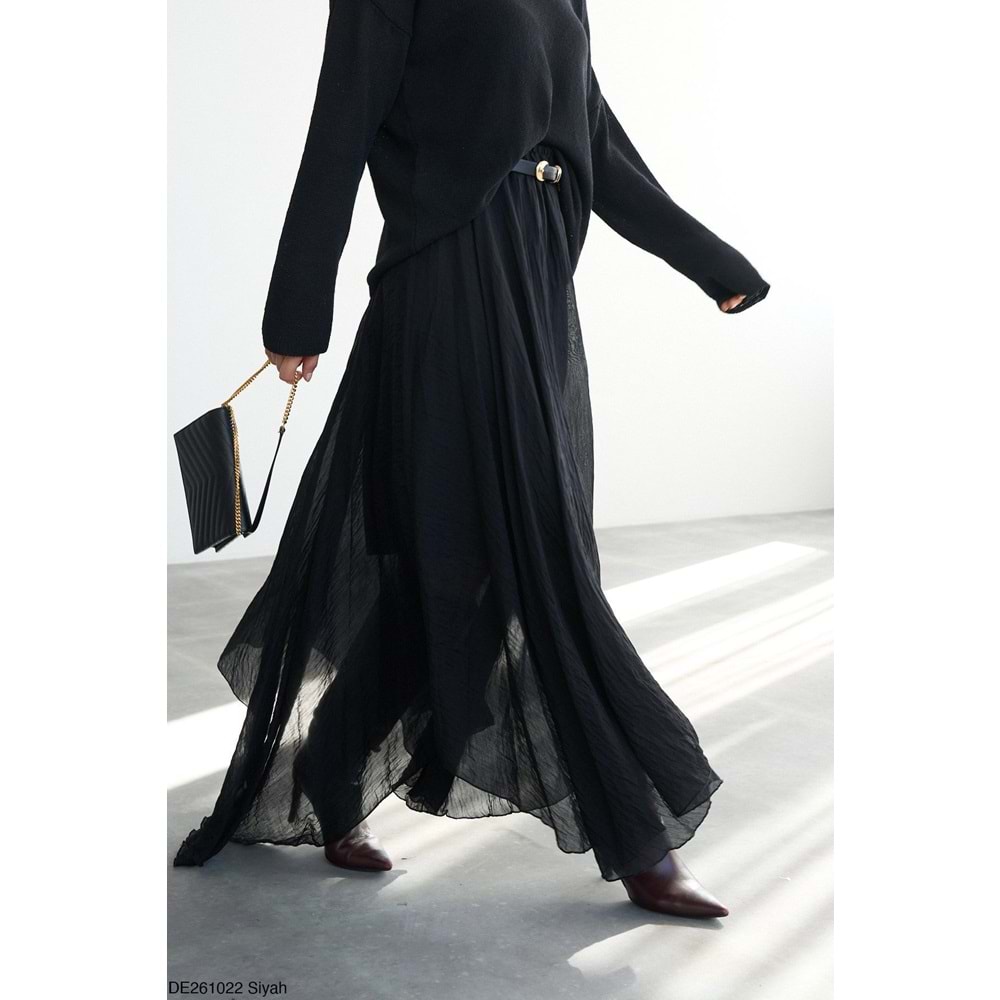 Yeni Sezon Asimetrik Kesim Siyah Etek - Uzun -Krep Kumaş - SİYAH - STANDART