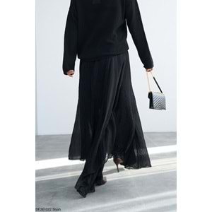 Yeni Sezon Asimetrik Kesim Siyah Etek - Uzun -Krep Kumaş