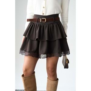 Dantel Detaylı Kat Piliseli Mini Etek - Şort Astarlı - Yeni Sezon - KAHVERENGİ - L