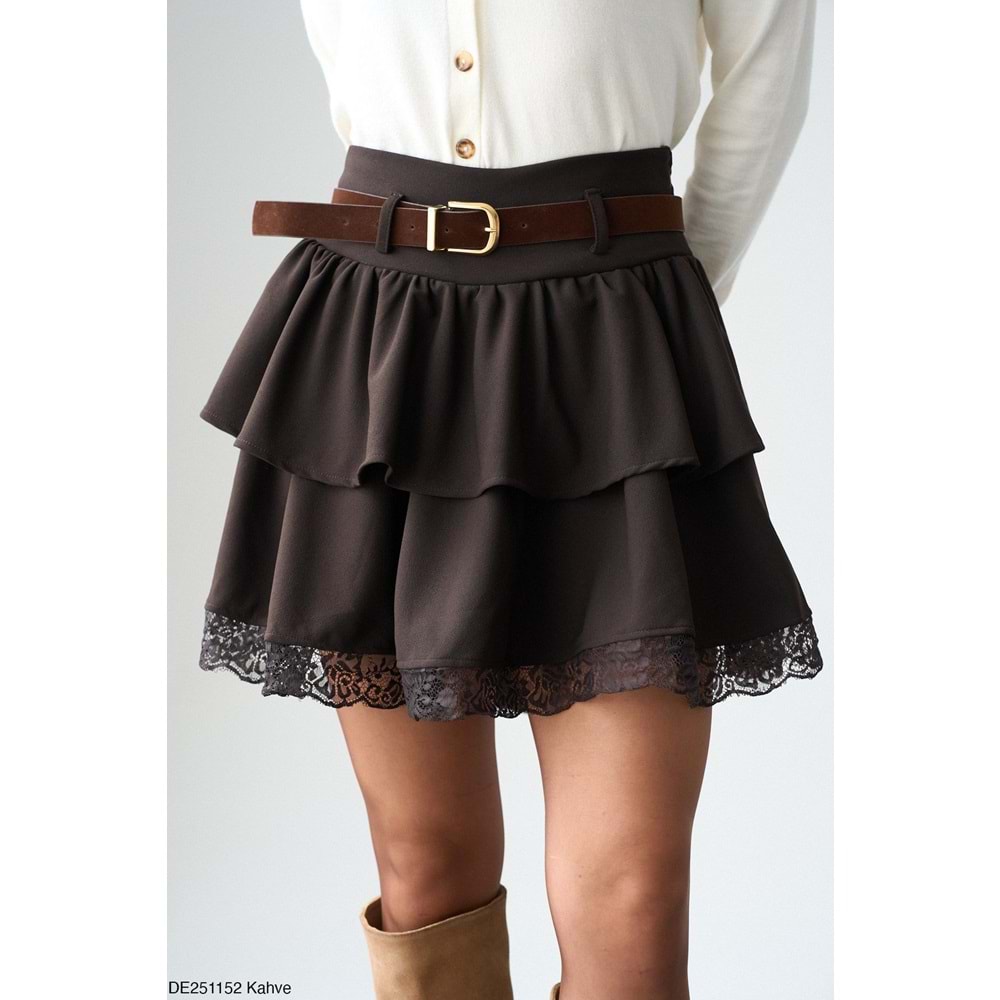 Dantel Detaylı Kat Piliseli Mini Etek - Şort Astarlı - Yeni Sezon - KAHVERENGİ - L