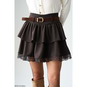 Dantel Detaylı Kat Piliseli Mini Etek - Şort Astarlı - Yeni Sezon - KAHVERENGİ - L