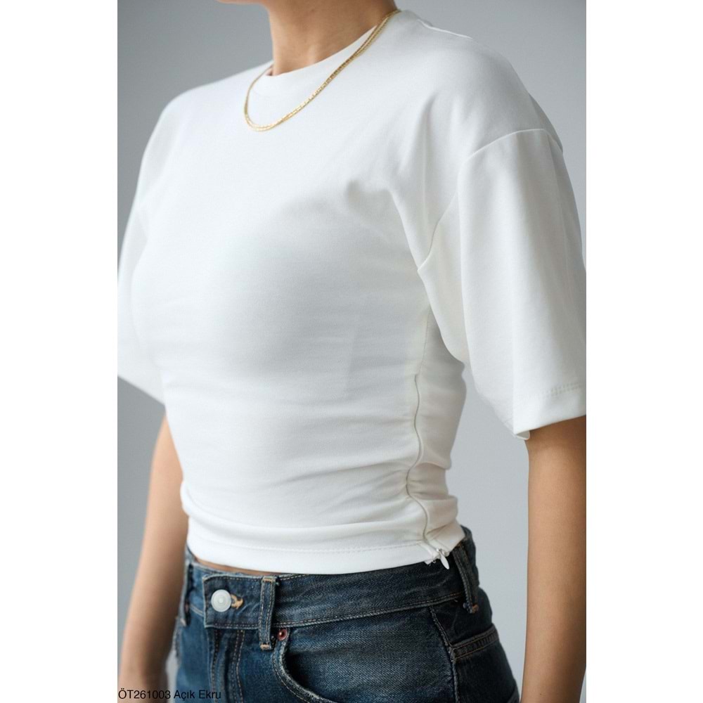 Yarasa Kol Ekru Renk T-Shirt Bel Fermuar Detaylı - Tasarım Ürün - EKRU - L