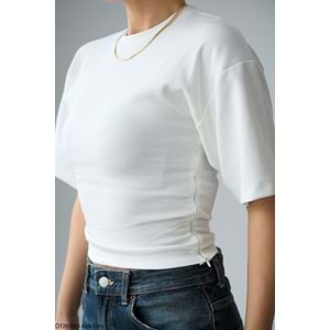 Yarasa Kol Ekru Renk T-Shirt Bel Fermuar Detaylı - Tasarım Ürün - EKRU - L